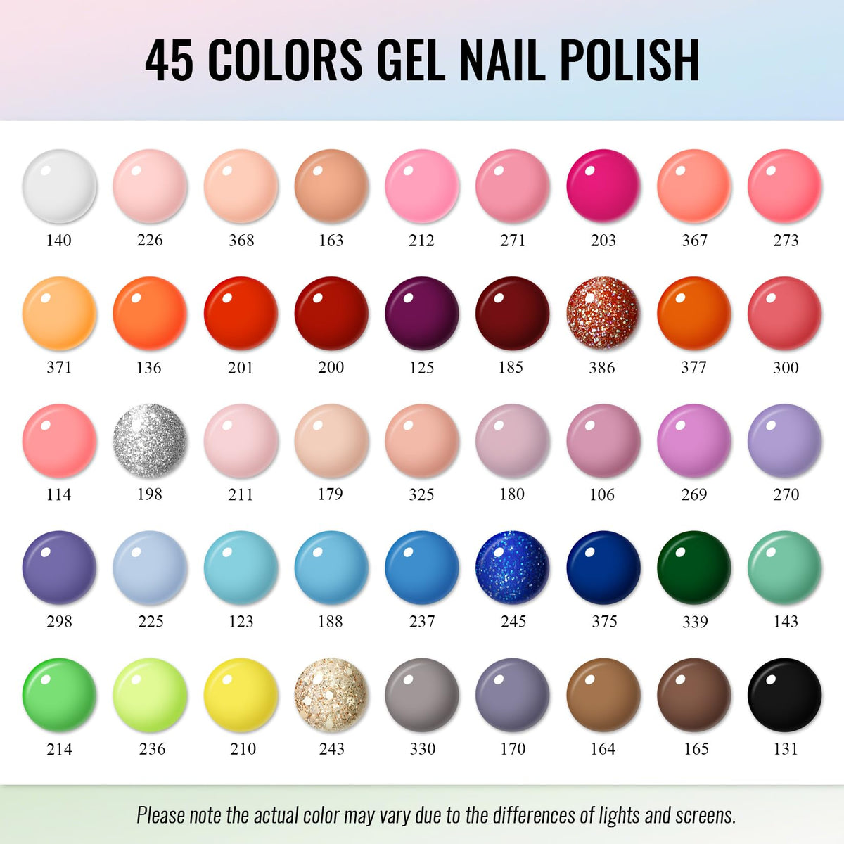 Phoenixy 45-color gel polish swatches for versatile manicure options.