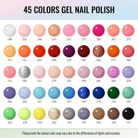 Phoenixy 45-color gel polish swatches for versatile manicure options.