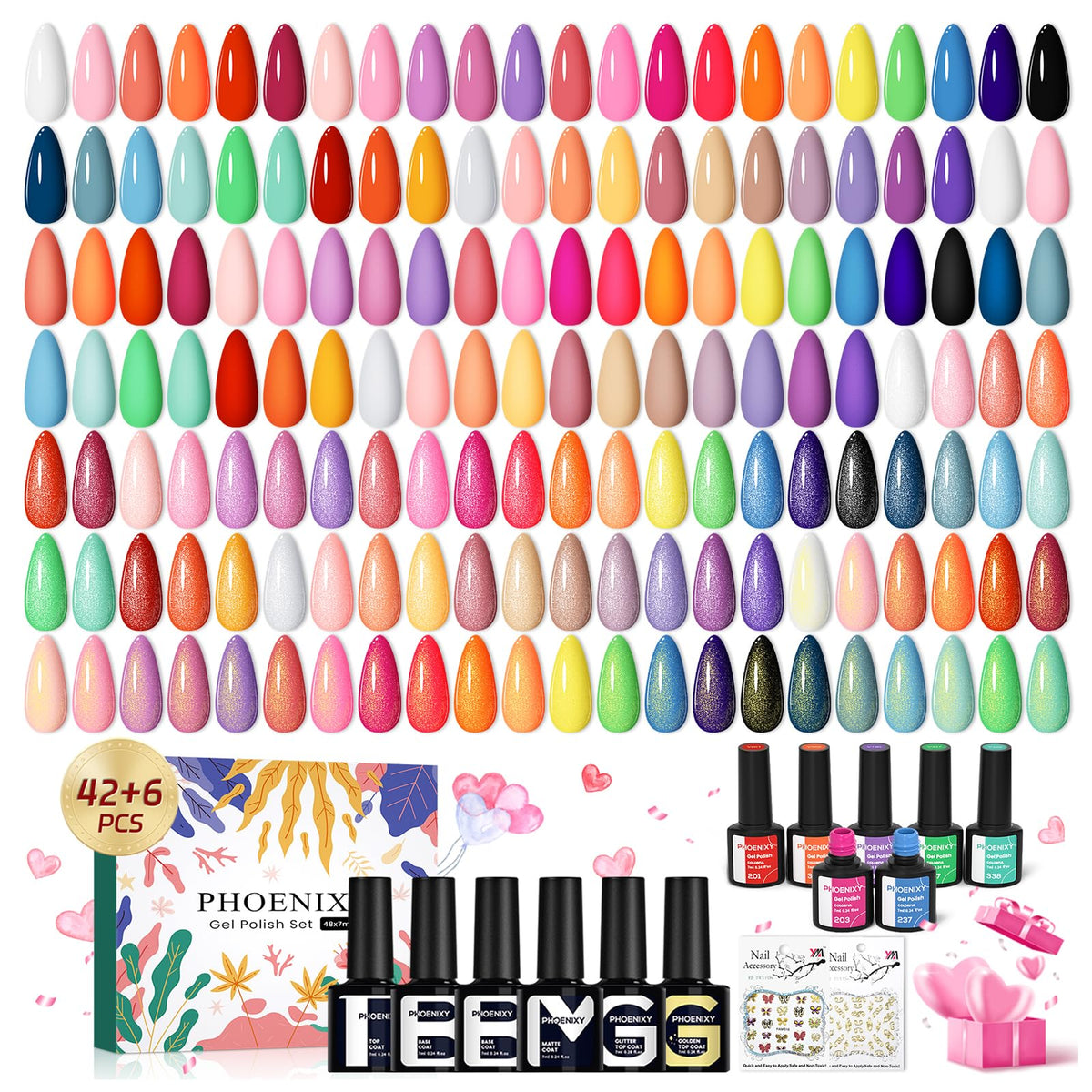 Phoenixy gel nail polish set swatches displaying vibrant color range for versatile looks