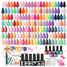 Phoenixy gel nail polish set swatches displaying vibrant color range for versatile looks
