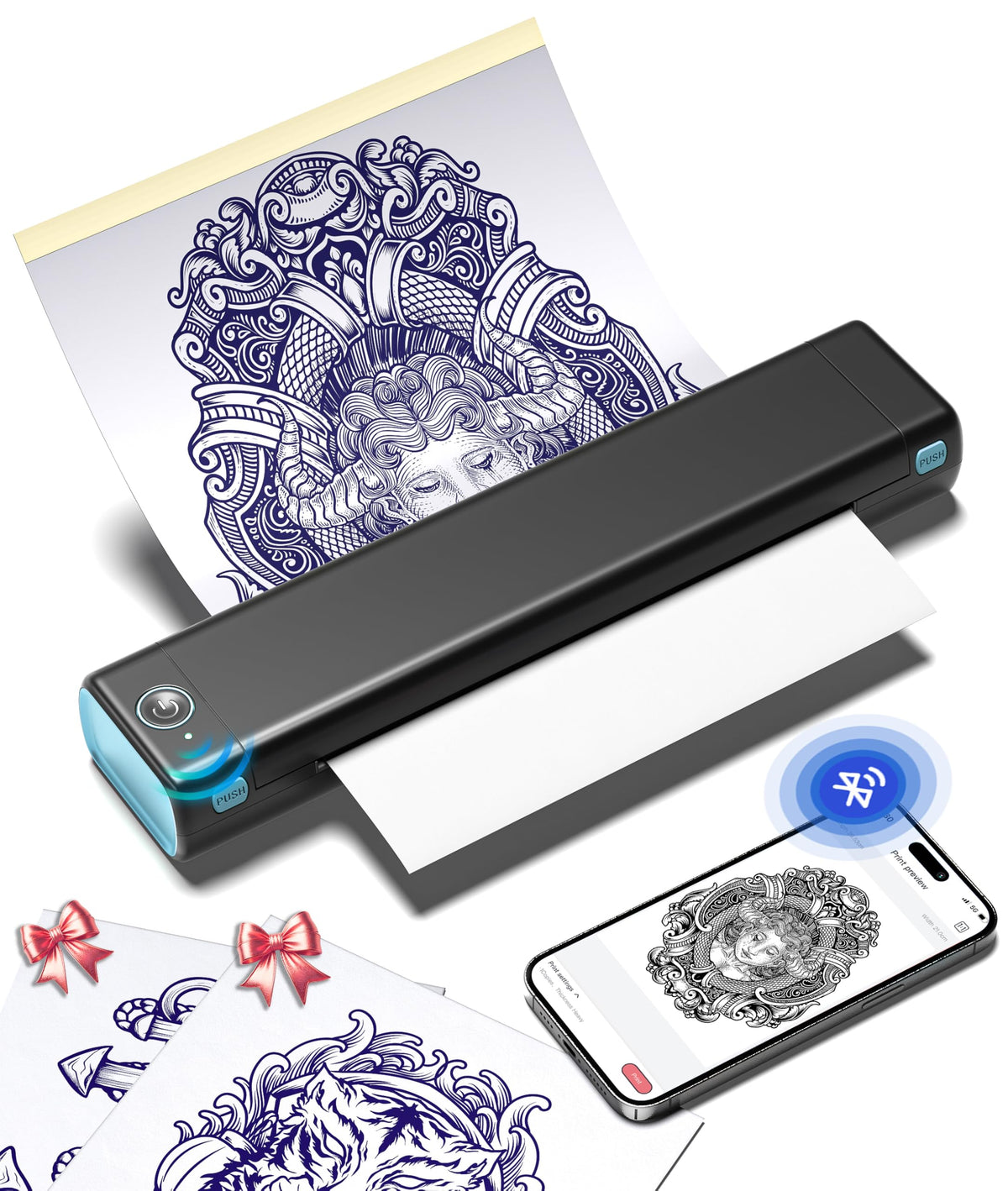 Phomemo M08F tattoo printer front view, compact and portable for on-the-go stenciling