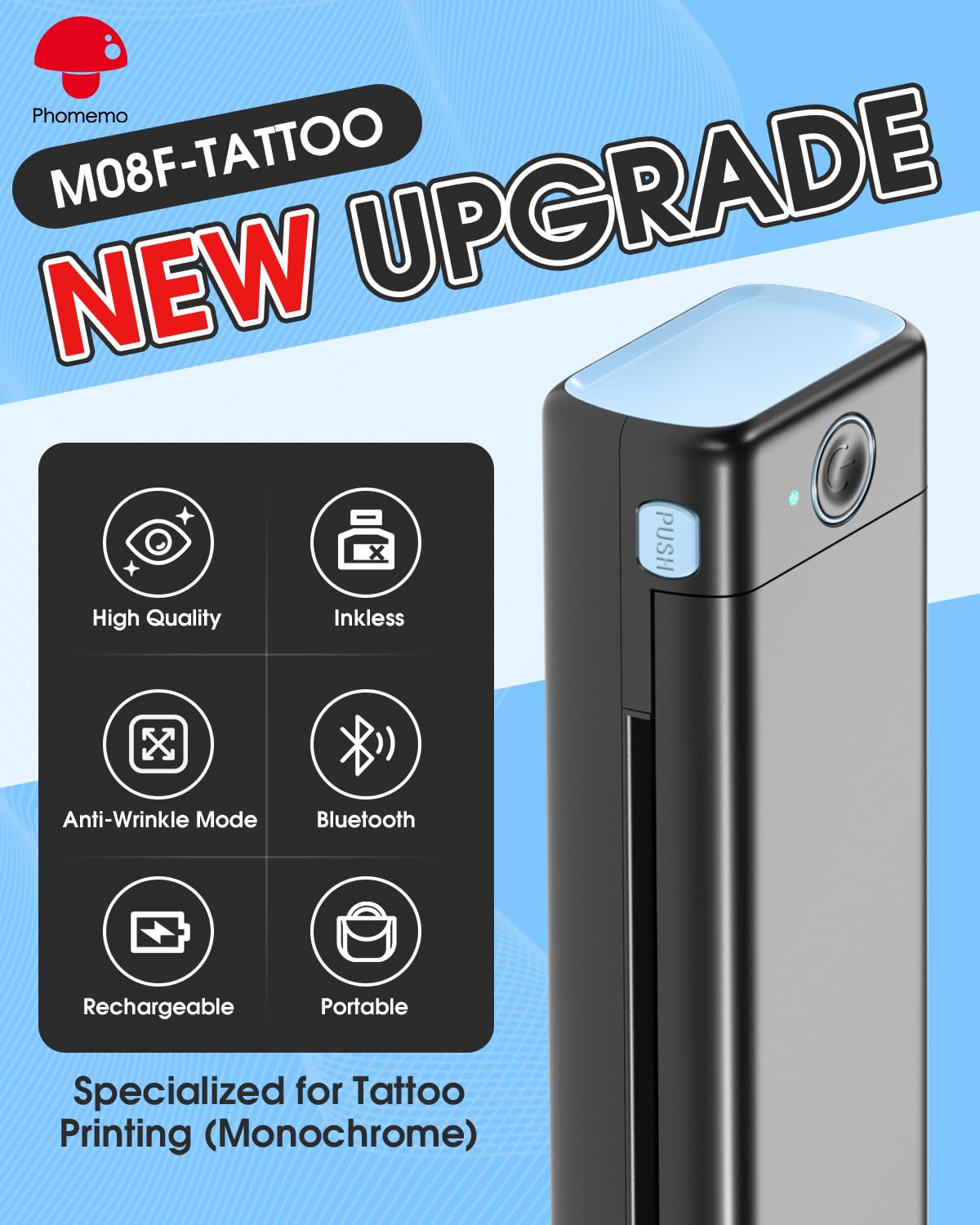Phomemo M08F side profile, lightweight device ideal for quick setup