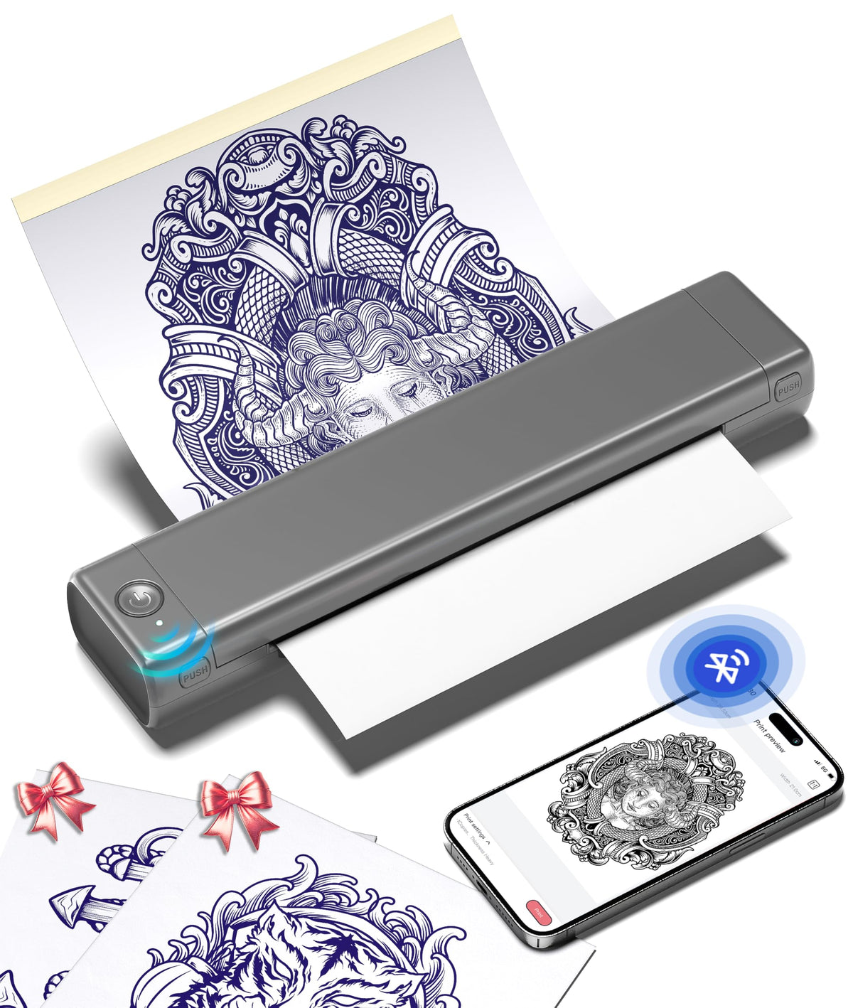 Phomemo M08F tattoo stencil printer front view, portable and precise for on-site work.