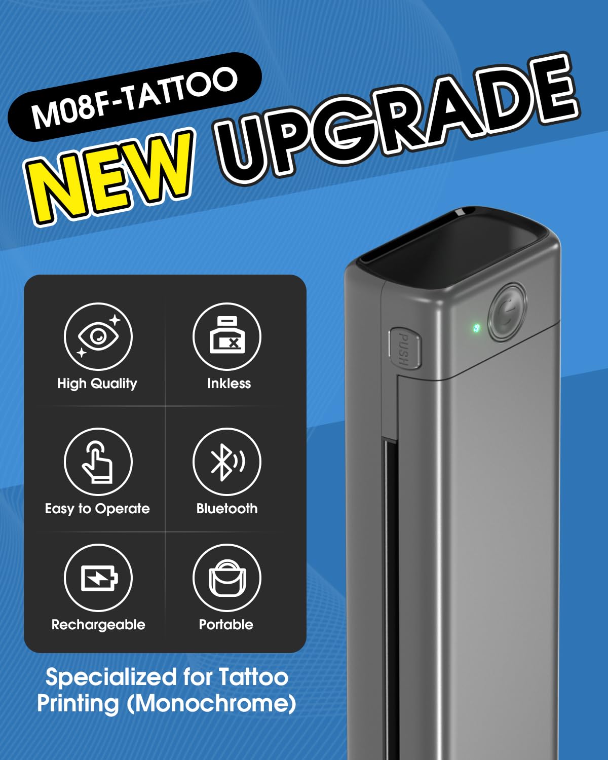 Phomemo M08F tattoo stencil printer side view highlighting compact design for transport.