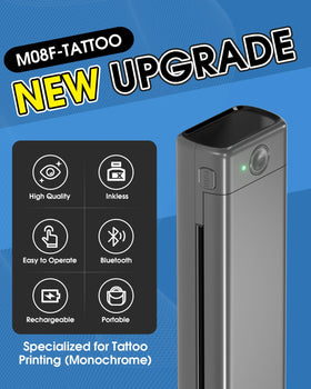 Phomemo M08F tattoo stencil printer side view highlighting compact design for transport.