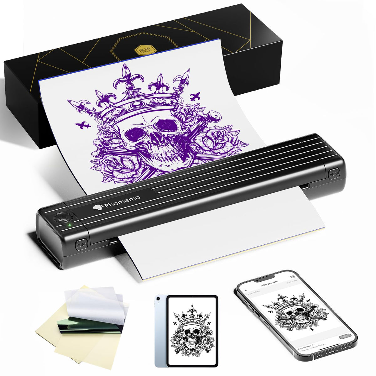 Phomemo TP83 on a desk, compact tattoo stencil printer ready for use