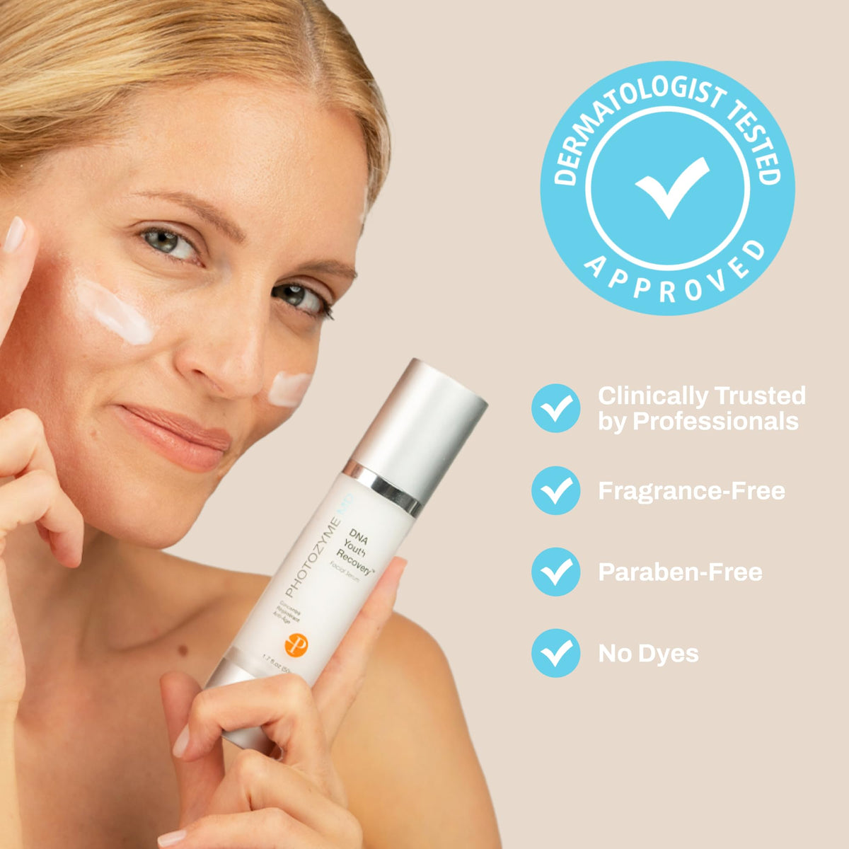 Droplets from Photozyme DNA Youth Recovery Serum indicating lightweight consistency