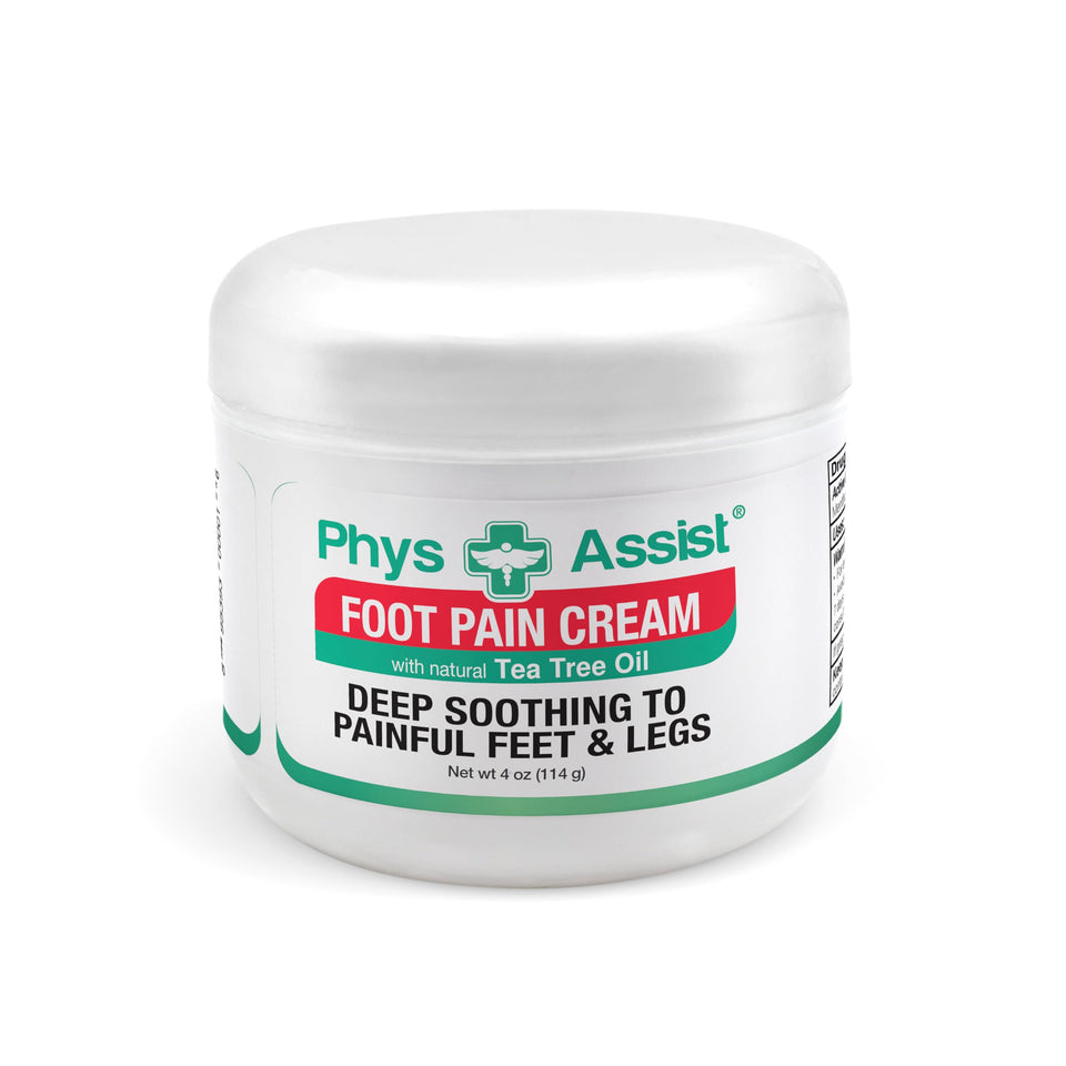 PhysAssist foot cream jar closeup shows rich hydration for tired feet.