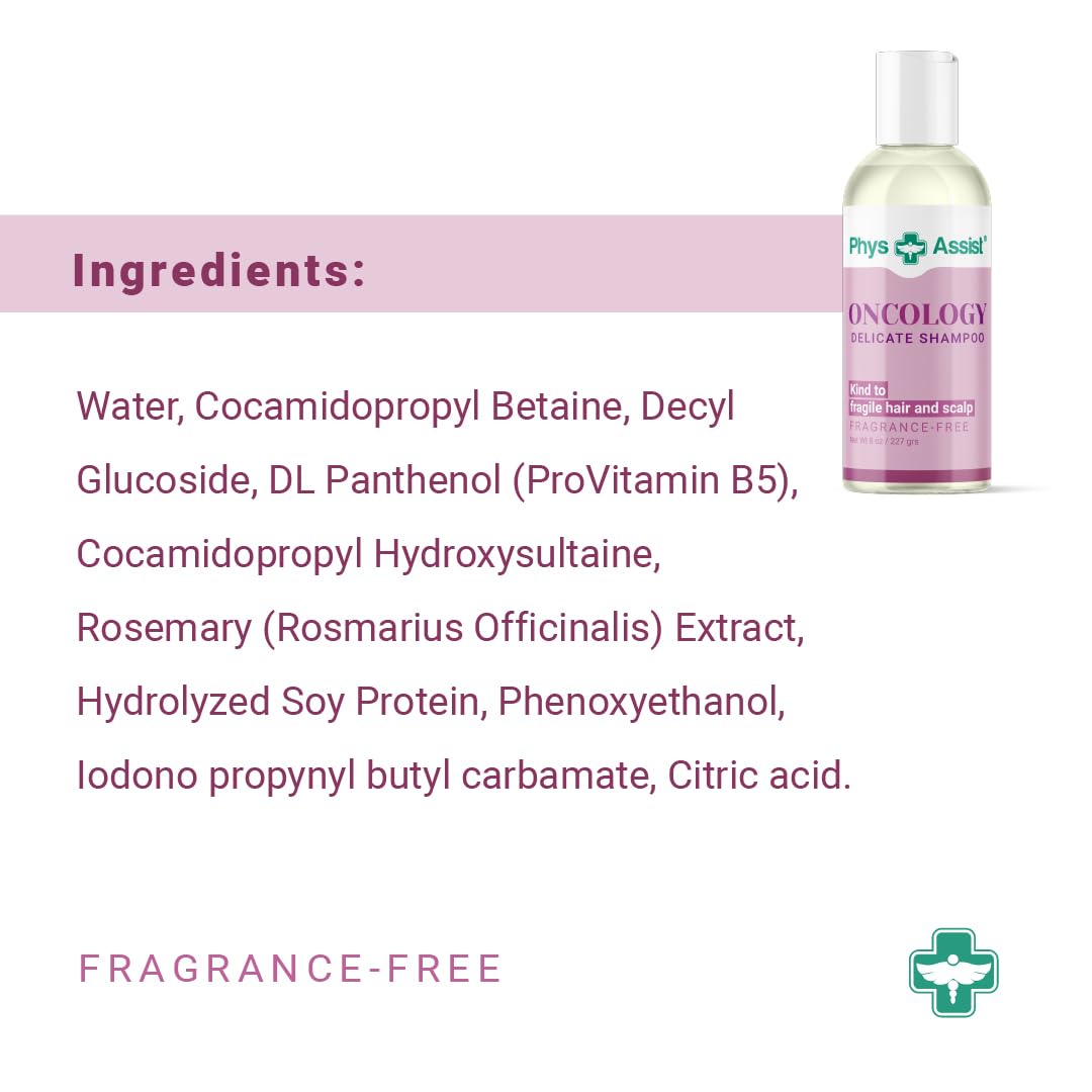 Hands apply PhysAssist Oncology Delicate Shampoo to a fragile scalp.