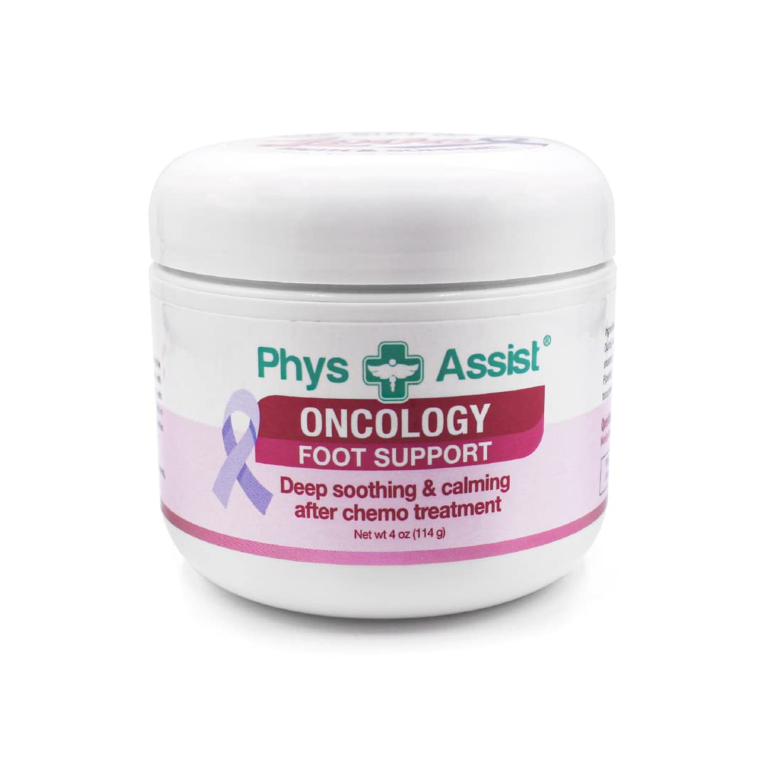 PhysAssist oncology foot cream jar highlights cooling, hydrating relief after chemo.