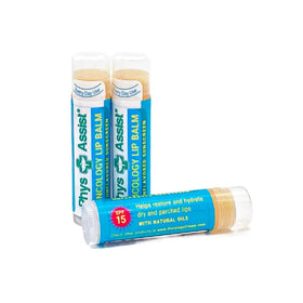 PhysAssist Oncology SPF 15 lip balm 3-pack shown for convenient lip care during treatment.