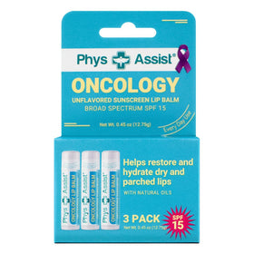 PhysAssist Oncology SPF 15 lip balm being applied for targeted lip hydration during treatment.