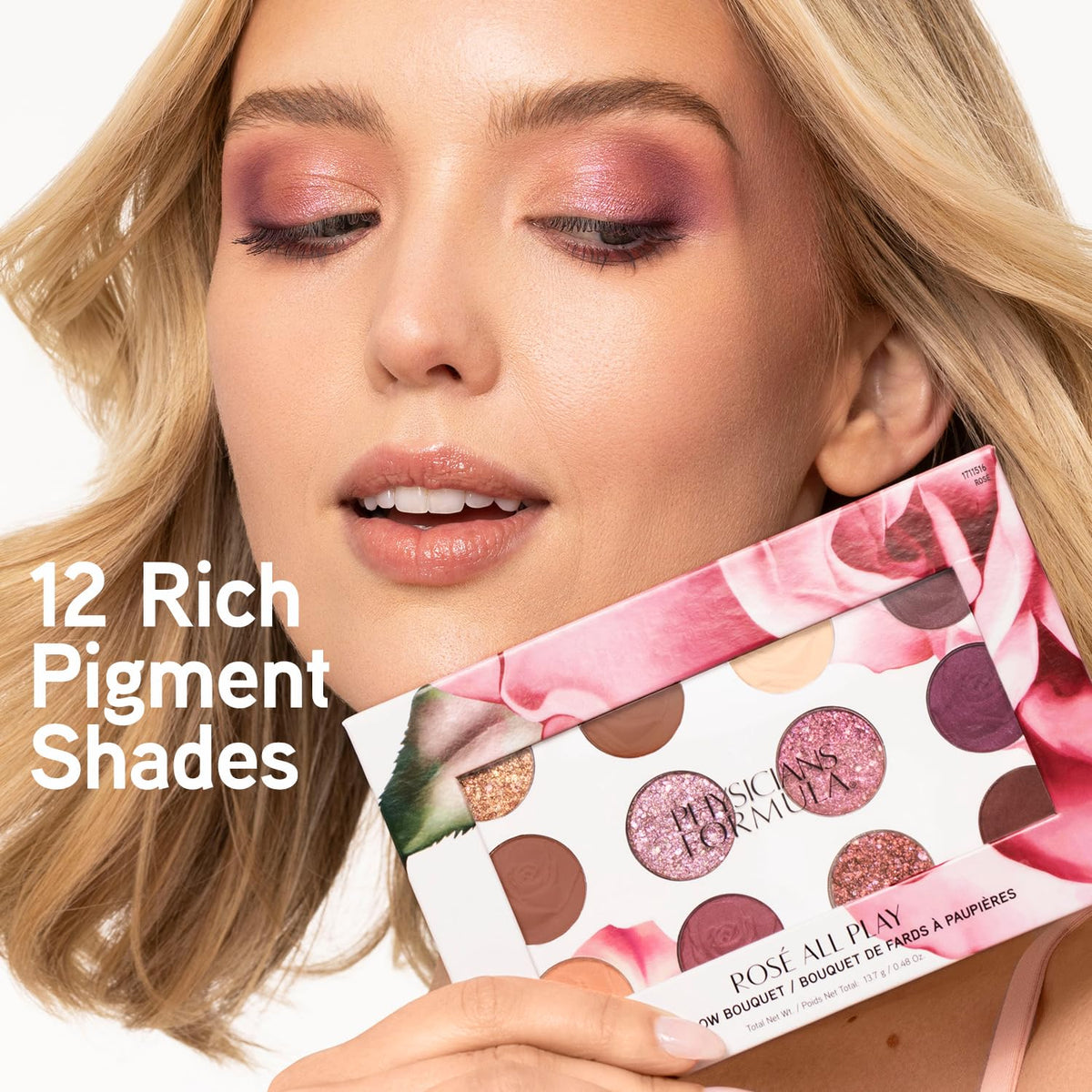 Close-up swatches from Physicians Formula Eyeshadow Bouquet showing shimmer, matte, and satin finishes.