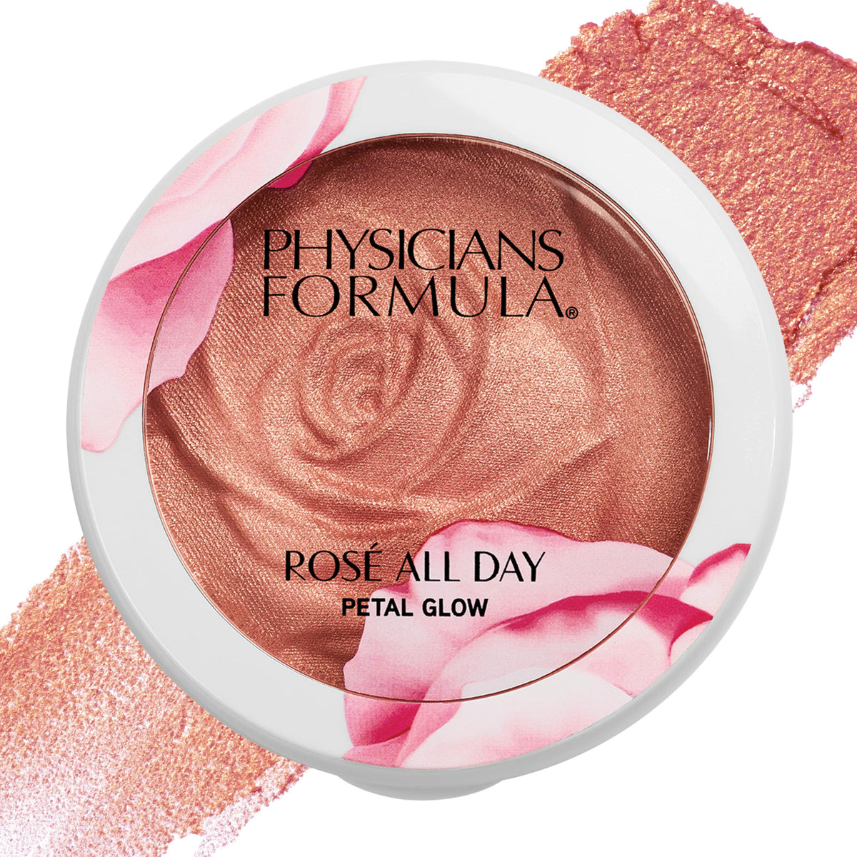 Physicians Formula Rosé All Day highlighter swatch for petal glow on cheeks.