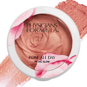 Physicians Formula Rosé All Day highlighter swatch for petal glow on cheeks.