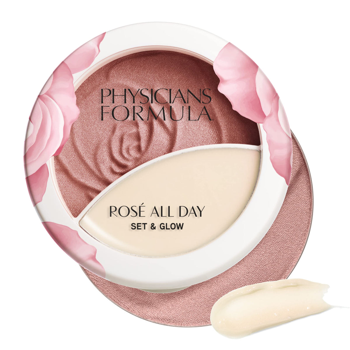 Physicians Formula Rosé All Day powder compact close-up showing soft, light-diffusing shimmer