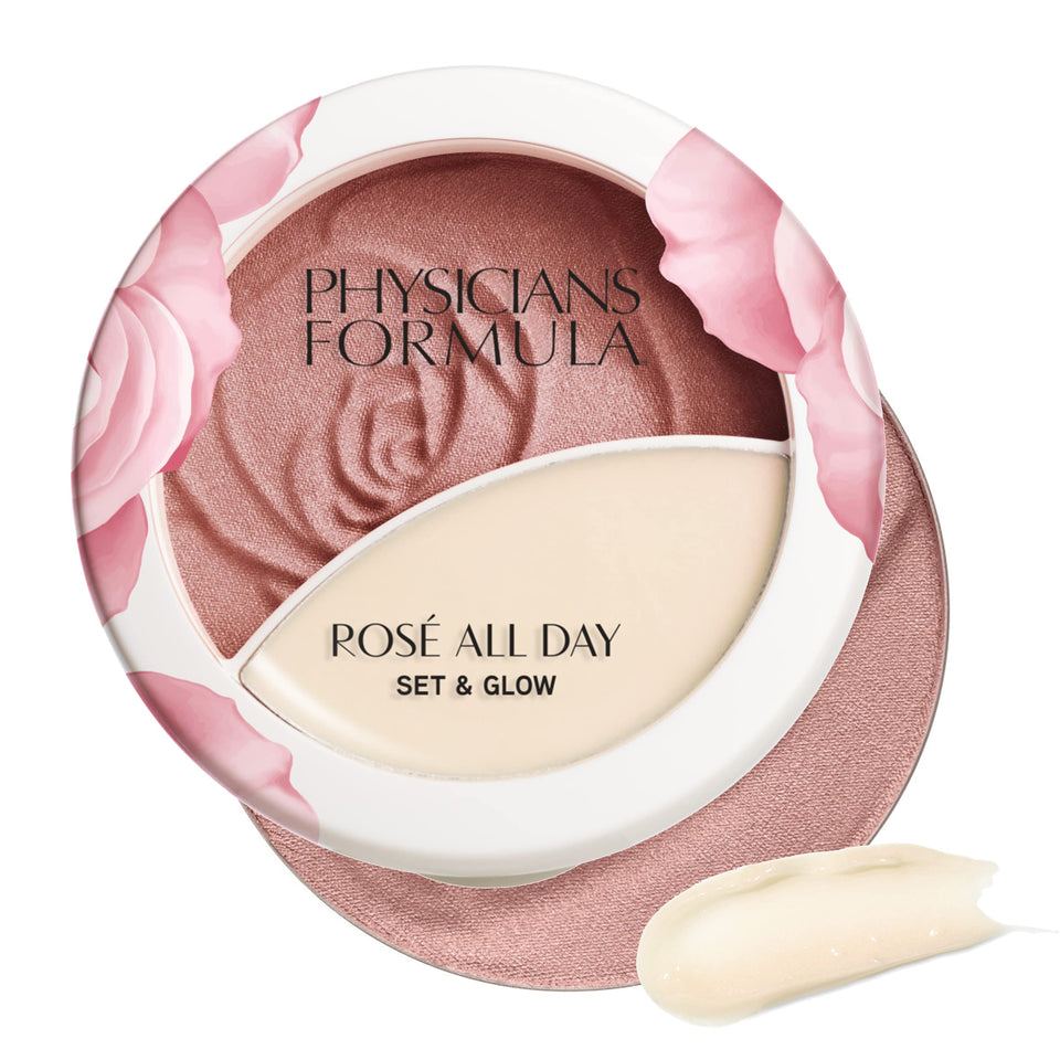 Physicians Formula Rosé All Day powder compact close-up showing soft, light-diffusing shimmer