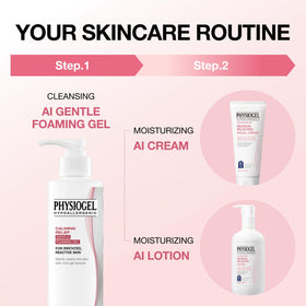 Physiogel Calming Relief Gel in use on the face for sensitive skin care.