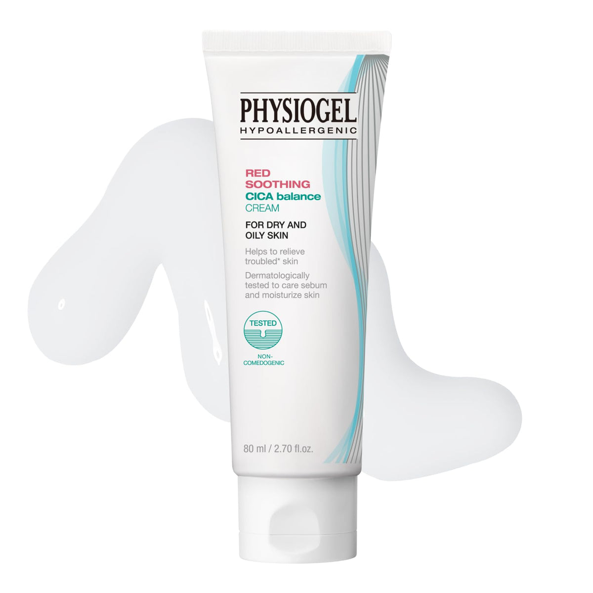 Physiogel Red Soothing Cica Balance Cream tube showing a gentle formula for sensitive skin.