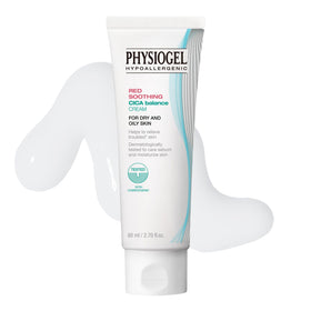 Physiogel Red Soothing Cica Balance Cream tube showing a gentle formula for sensitive skin.