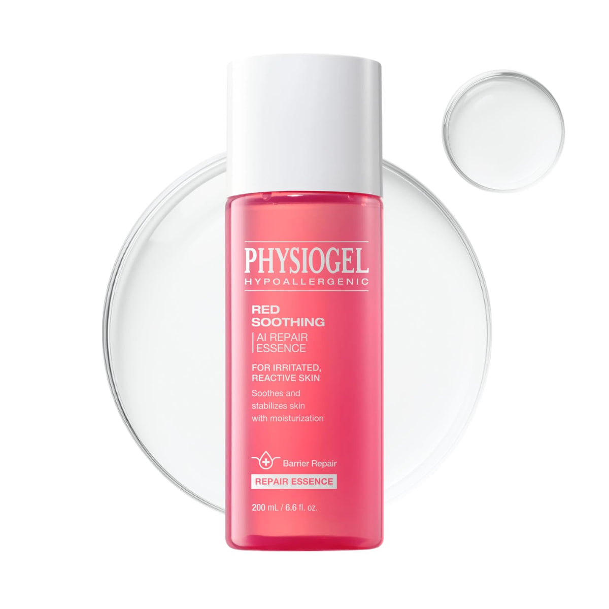 Physiogel Red Soothing Essence bottle close-up highlighting fragrance-free hydration