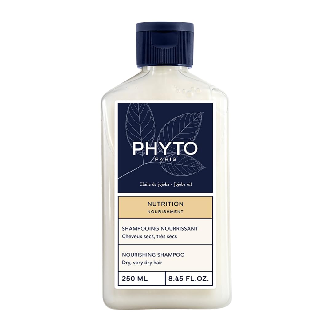 PHYTO Nourishment Shampoo bottle with jojoba oil for a hydrating, weightless cleanse.