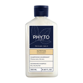 PHYTO Nourishment Shampoo bottle with jojoba oil for a hydrating, weightless cleanse.