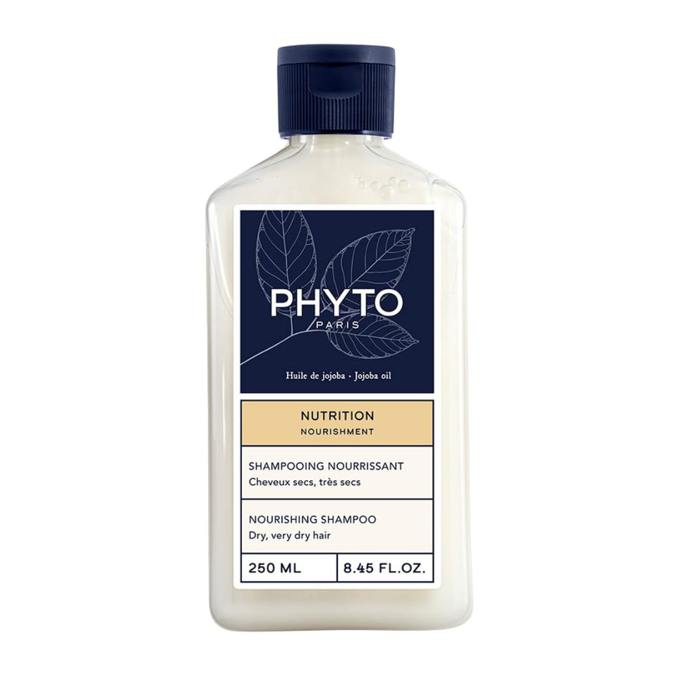 PHYTO Nourishment Shampoo bottle with jojoba oil for a hydrating, weightless cleanse.