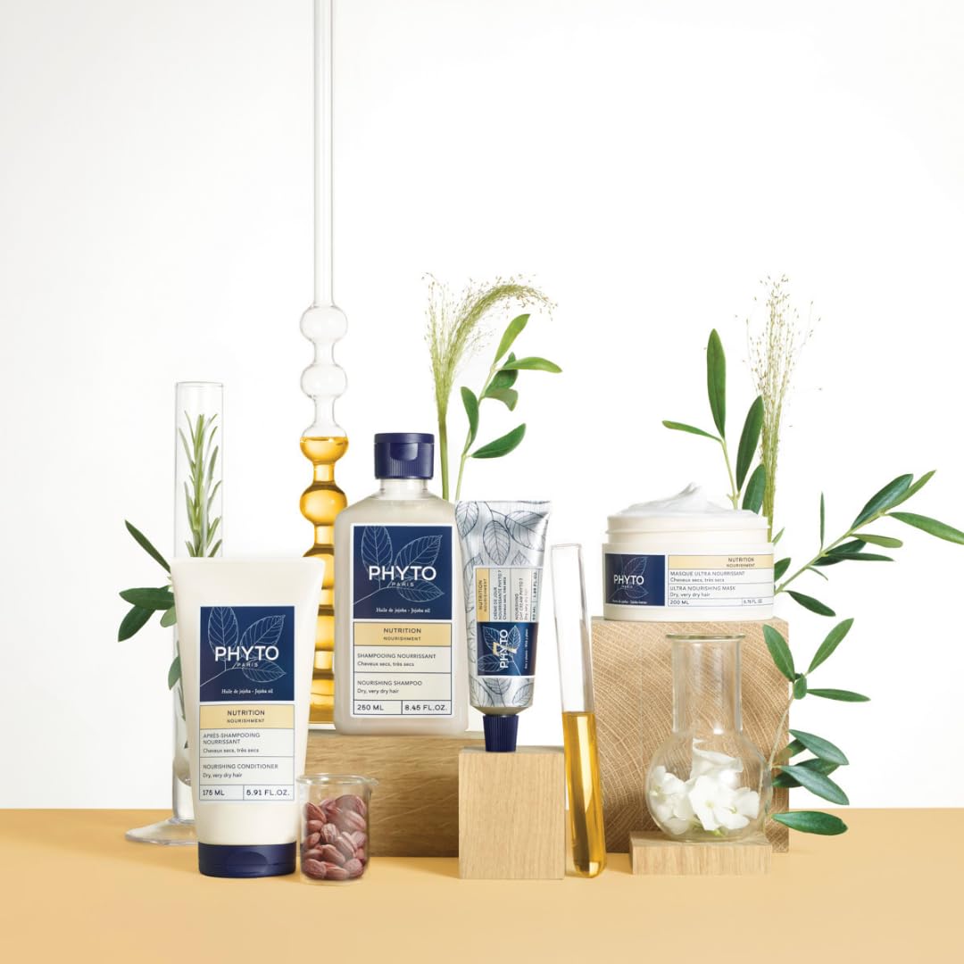 Sulfate-free PHYTO Nourishment Shampoo label indicates a gentle, pure formula.