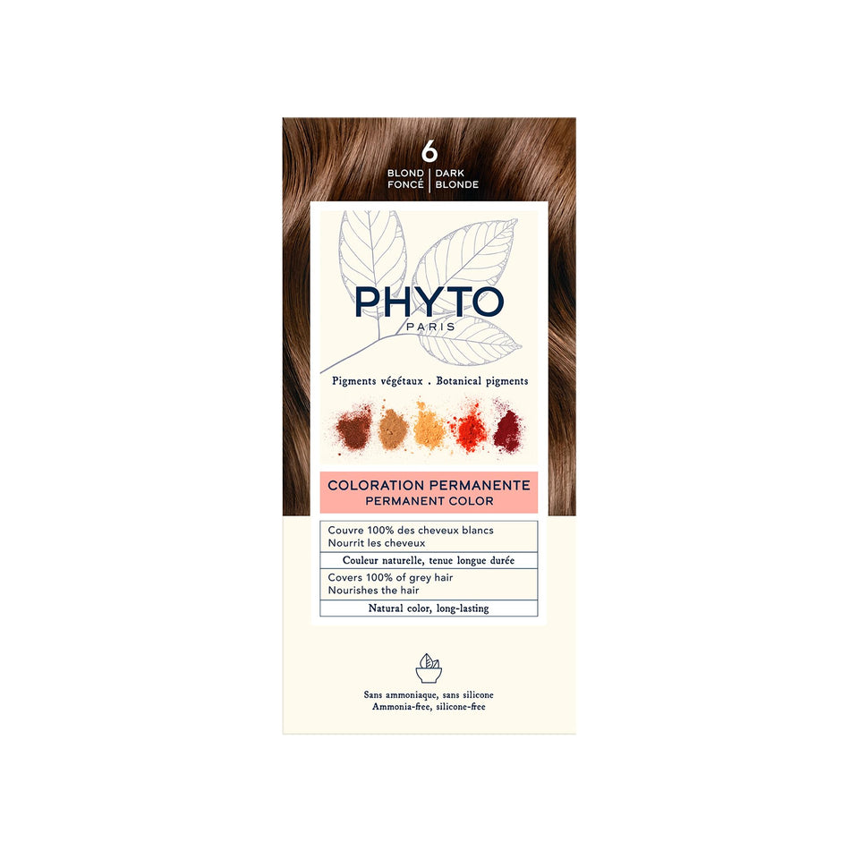 PHYTO Phytocolor permanent color in 6 dark blonde swatch shows full grey coverage.
