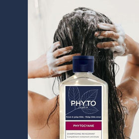 PHYTOCYANE bottle on bathroom shelf for routine cleansing