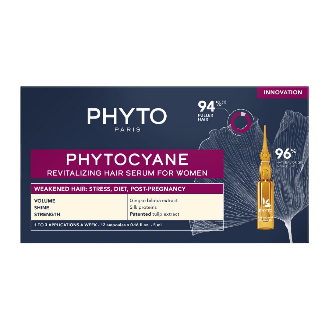 PHYTOCYANE bottle and volume close-up show fuller-looking hair.