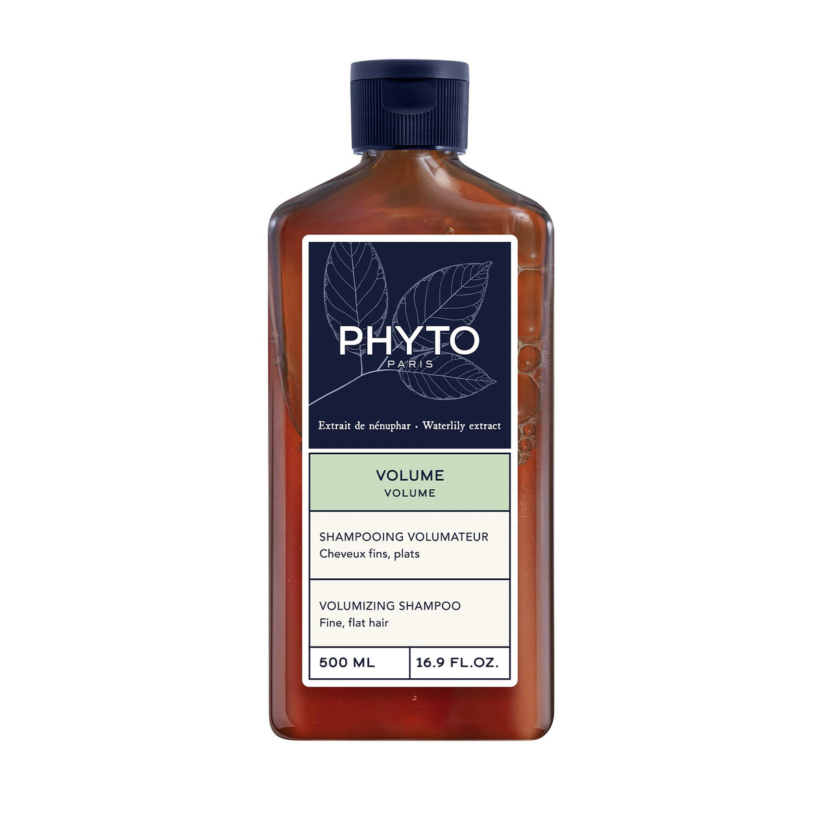 PHYTO Volume Shampoo bottle with pump for easy dispensing and lightweight cleansing of fine hair.