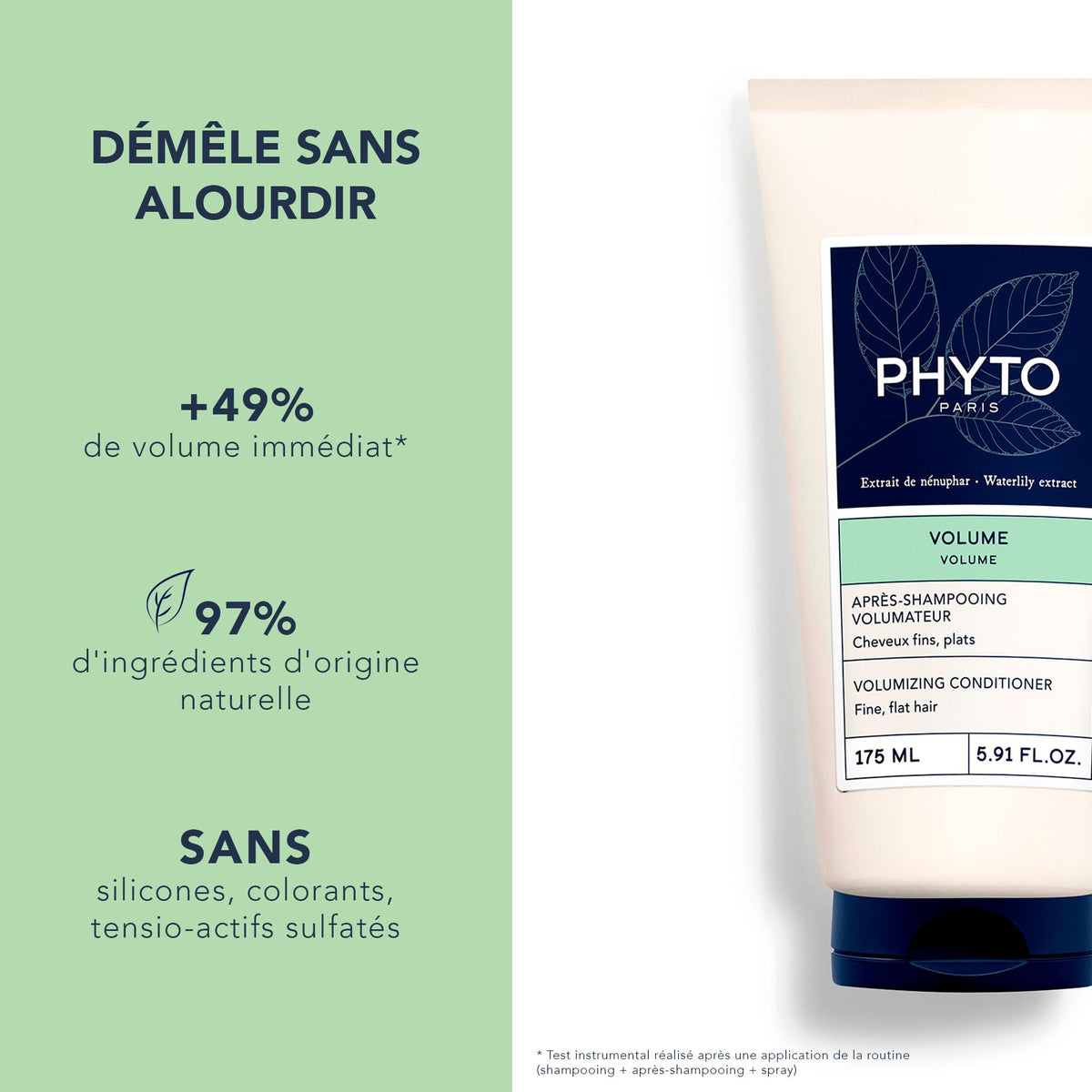 The PHYTO Volume conditioner pour demonstrates smooth distribution for added body.