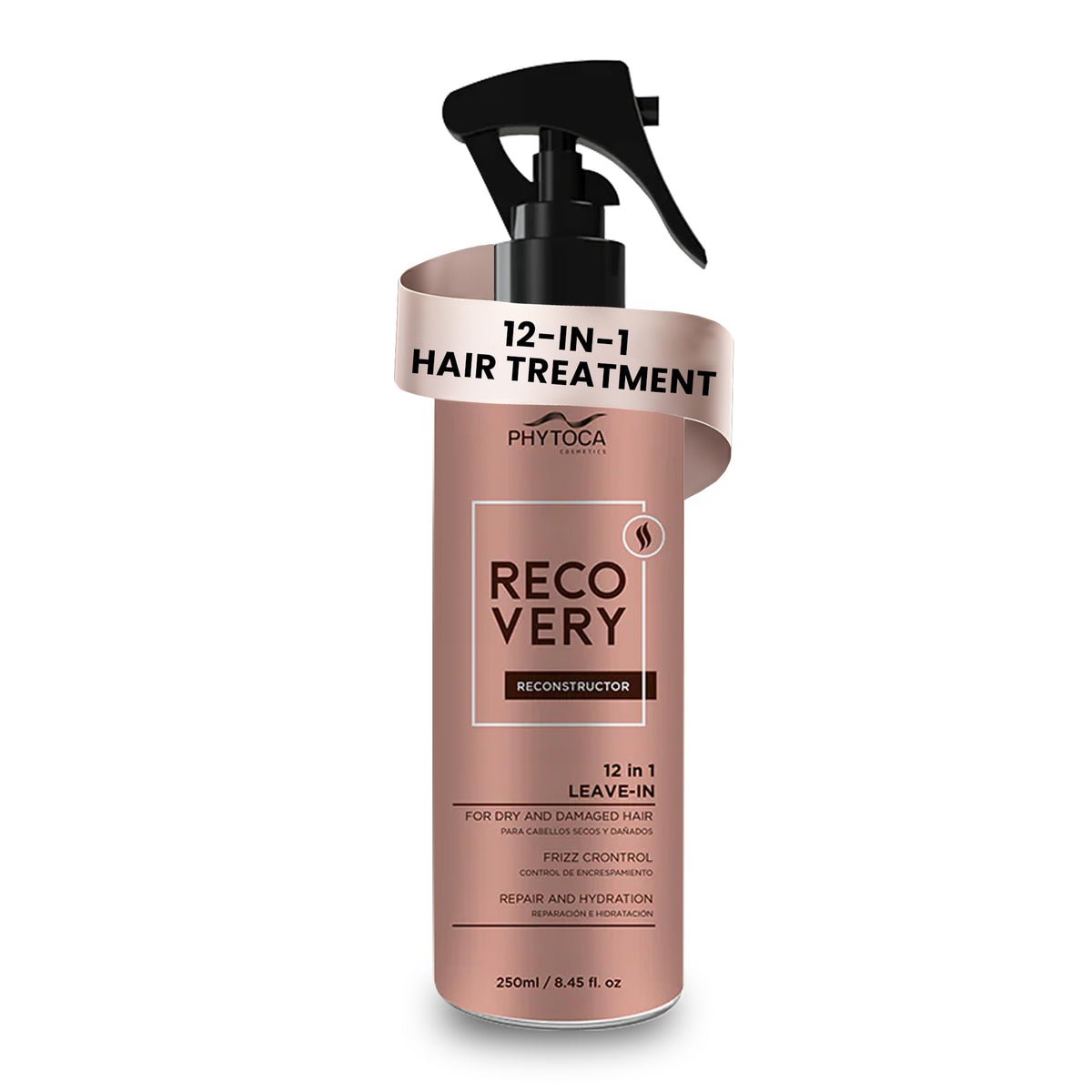 Phytoca Recovery bottle close-up highlights deep hydration for dry hair.
