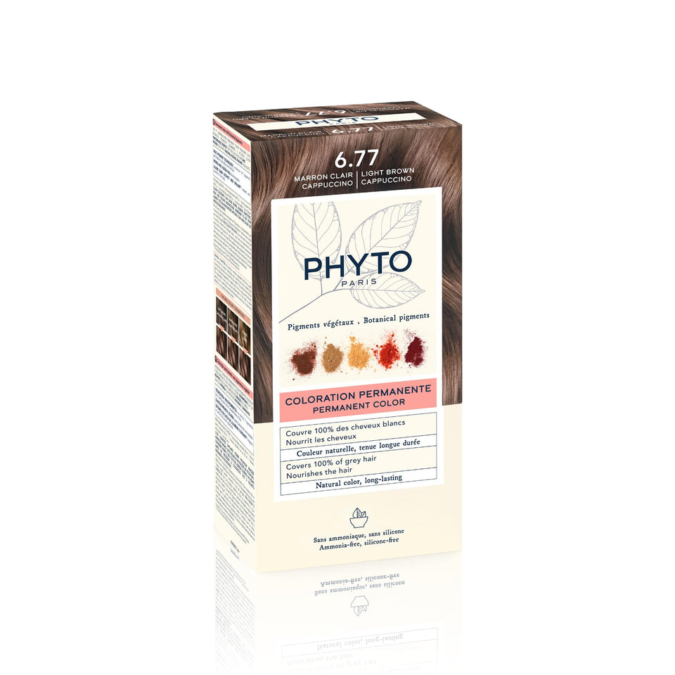 PHYTOCOLOR 6.77 light brown cappuccino bottle delivers grey coverage.