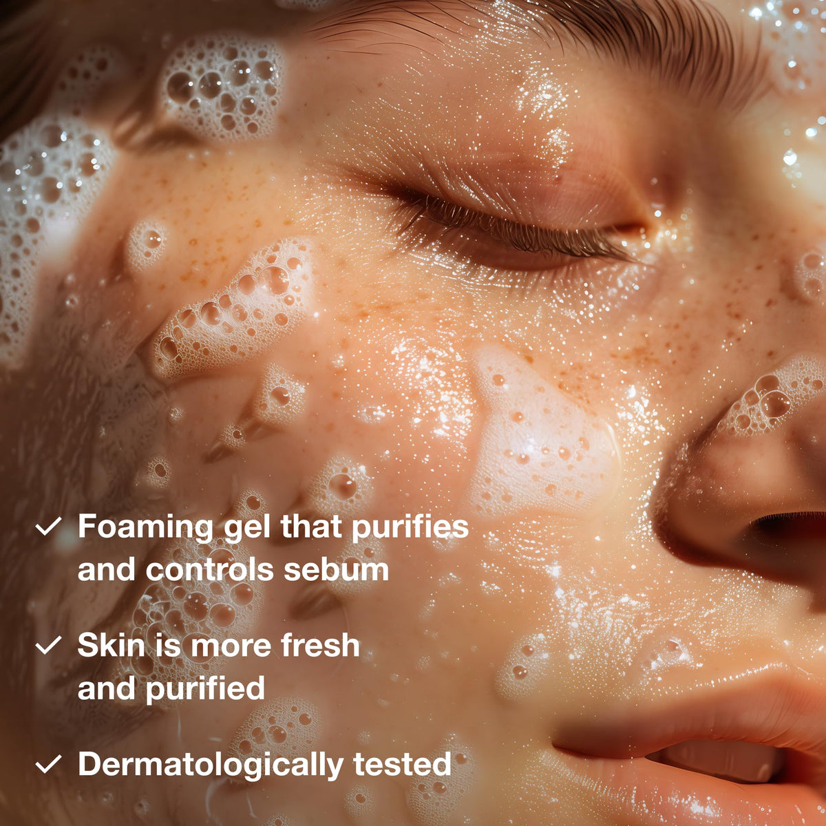 Phytomer Oligopur lather closeup demonstrates cleansing and oil absorption.