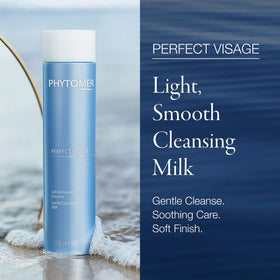 Phytomer Perfect Visage Cleansing Milk being emulsified for soft facial cleansing.