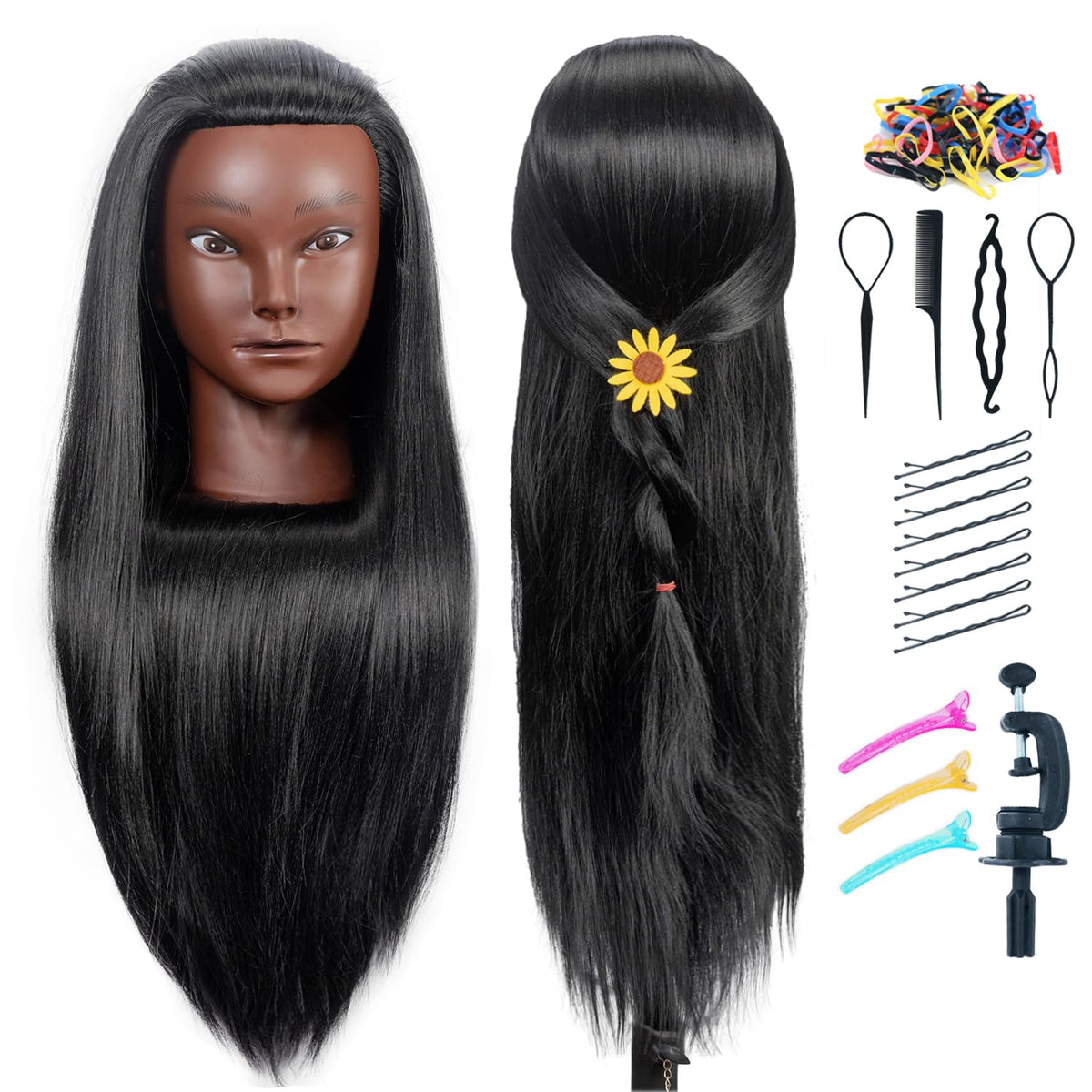 piaou training head shows 26-28 inch hair length for practice and precision styling