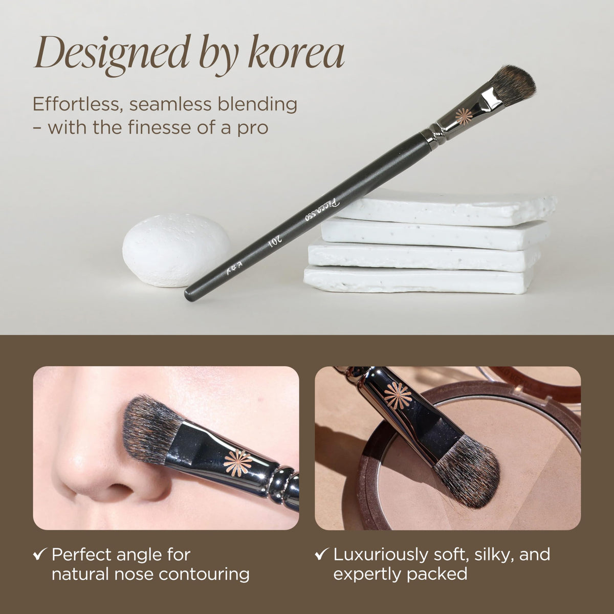 Piccasso 201 nose shading brush angled-head for precise powder placement around the nose.