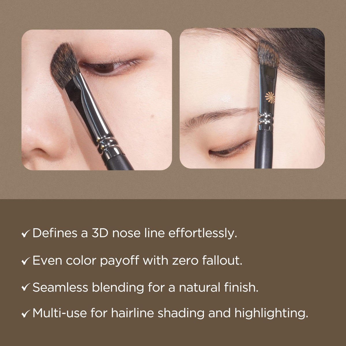 Piccasso 201 nose shading brush in hand delivering focused contour with blending.