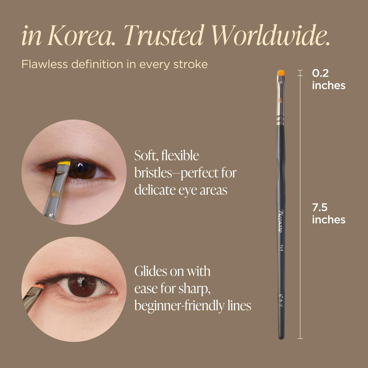 Piccasso 717 gel eyeliner application brush delivers controlled pickup and smooth color payoff.