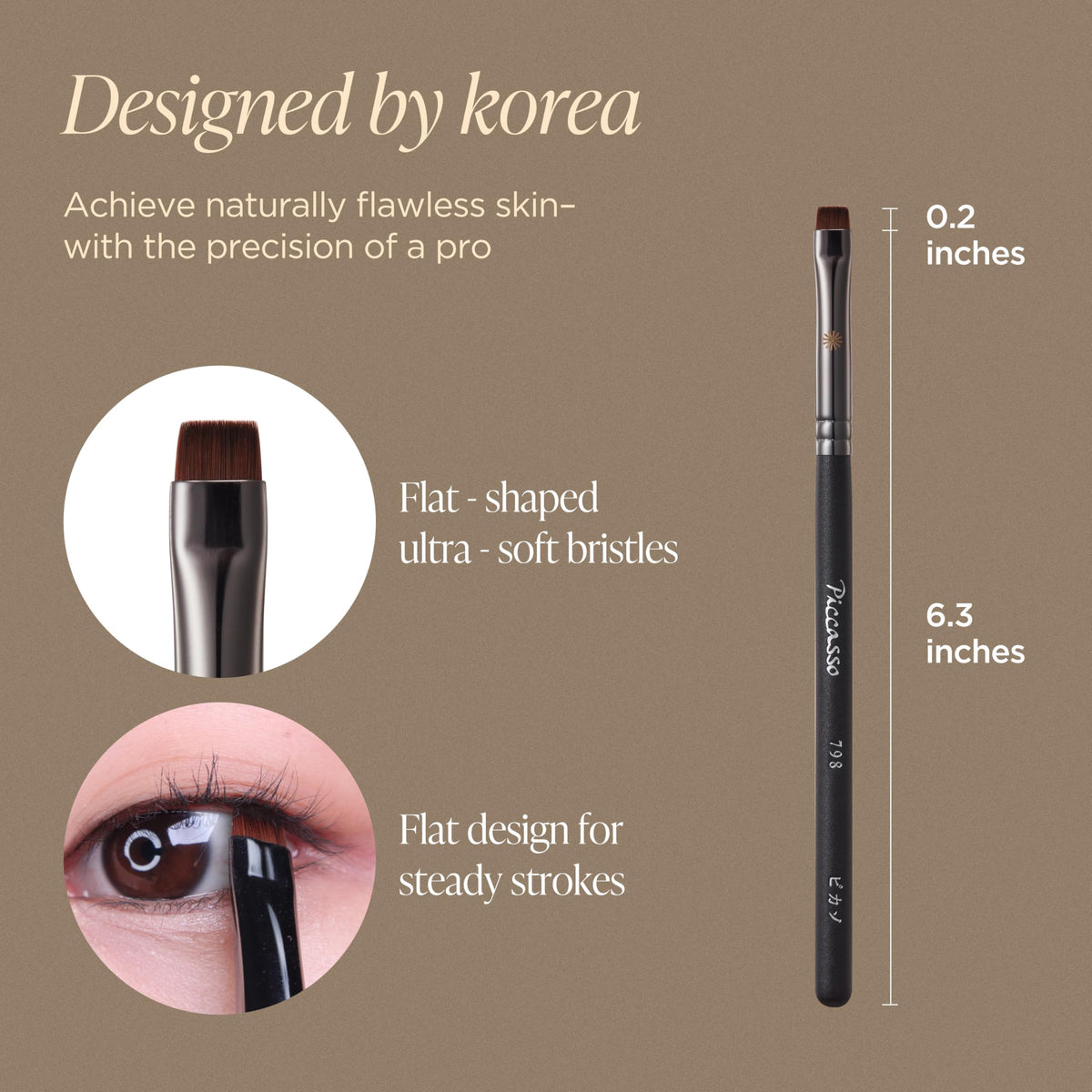 Piccasso flat eyeliner brush bristles soft and gentle for delicate eye areas.