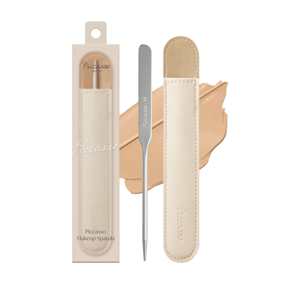 Piccasso foundation spatula applying a thin, precise base for flawless skin.