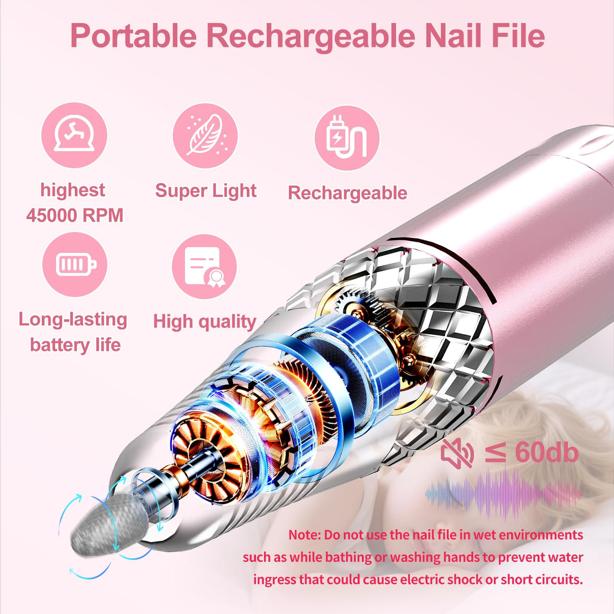 PICKBEAU nail drill with rechargeable battery enabling long cordless sessions