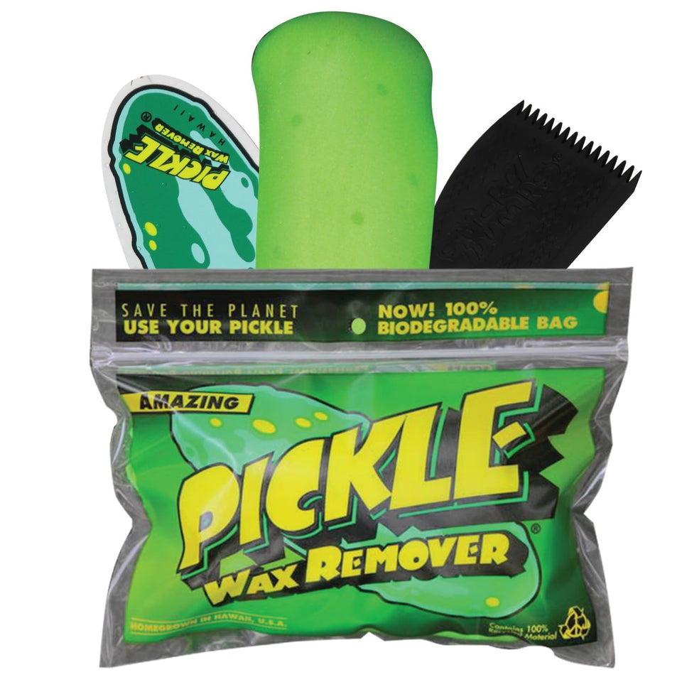 Pickle Wax Remover with Sticky Bumps Comb Kit in use on a surfboard for quick wax maintenance