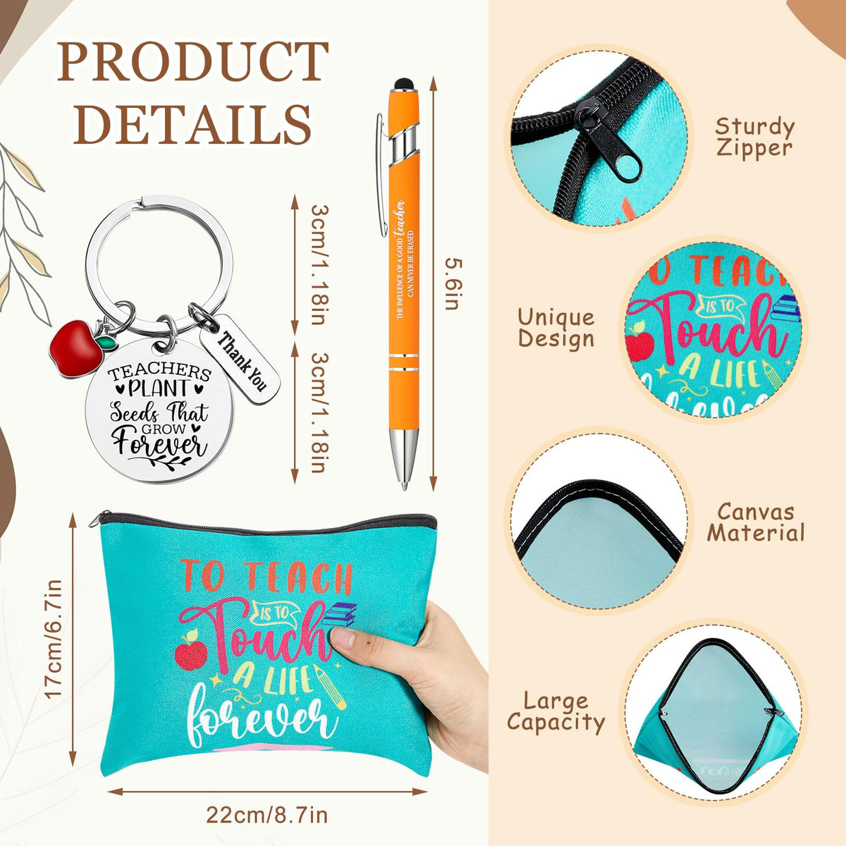 Pickmesh teacher makeup bag in cotton canvas for organized cosmetics.