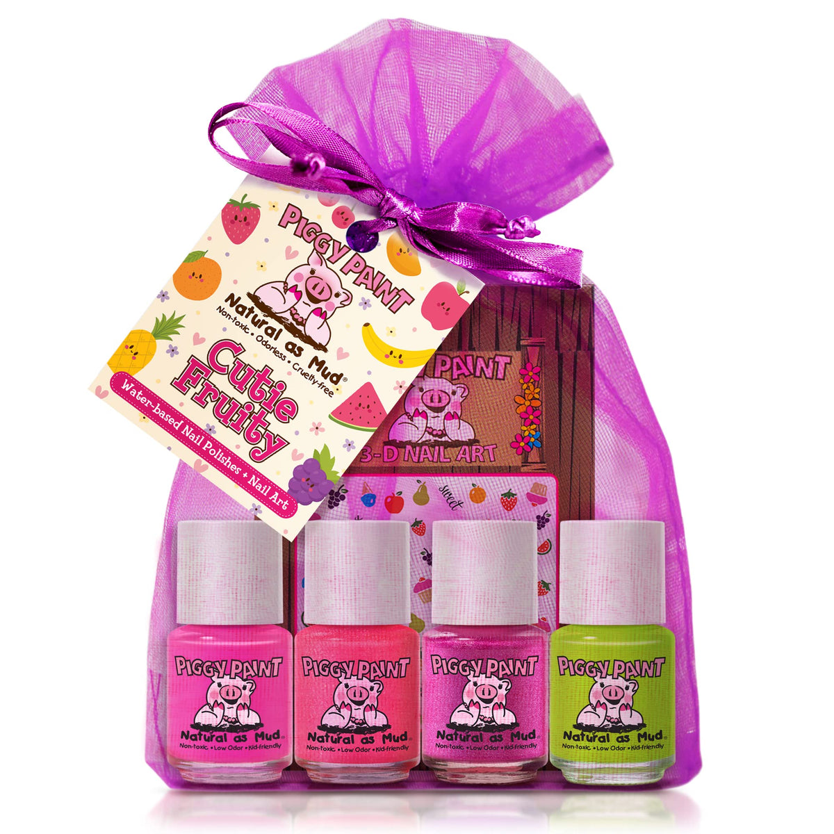 Piggy Paint Cutie Fruity Gift Set packaging with four polishes and 3-D nail art.