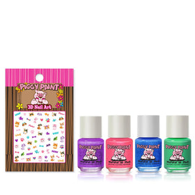 Piggy Paint four colors polishes vial display offers vibrant low-odor options.