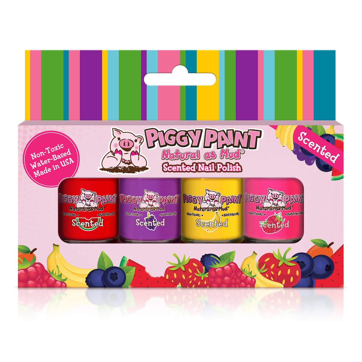 Piggy Paint packaging front shows kid-safe, non-toxic color options.
